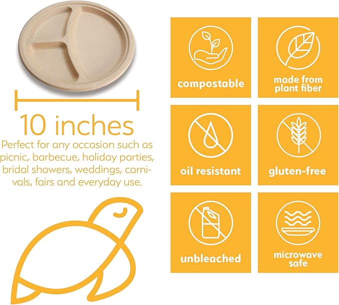 100% Compostable Disposable Paper Plates Bulk [10" 3-Comp 125 Pack], Bamboo Plates, Eco Friendly, Biodegradable, Sturdy Large Dinner Party Plates, Heavy-Duty, Unbleached by Earth's Natural Alternative