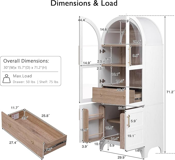 GDFStudio Mariah 71" Tall Arched Kitchen Pantry Cabinet with Hidden Drawer, Glass Door & Adjustable Shelves, Farmhouse Storage Cabinet Cupboard for Kitchen Dining Room, Home Pantry Storage, White