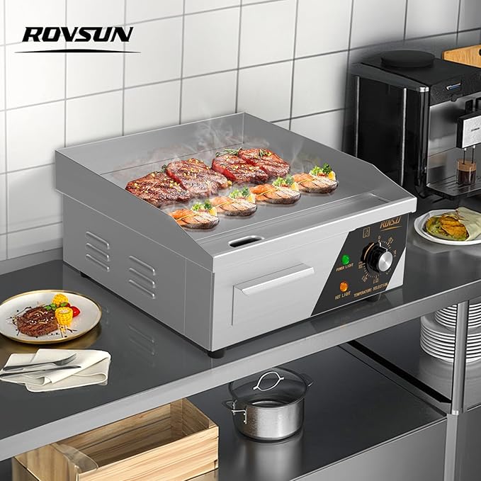 ROVSUN 14" Electric Countertop Flat Top Griddle, 1500W Electric Griddle, Teppanyaki Grill Stainless Steel with Adjustable Temperature Control 122째F-572째F for Home Restaurant Commercial