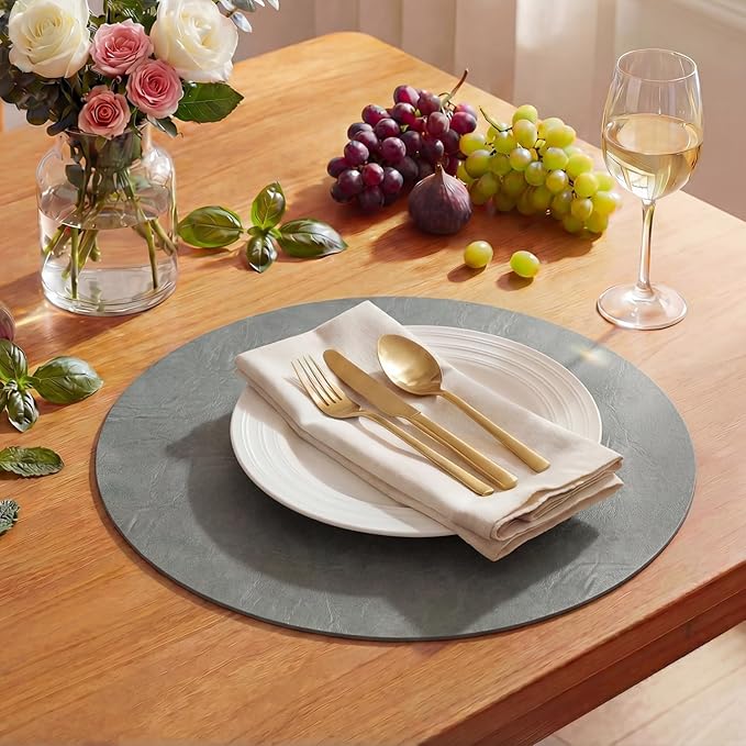 Artoid Mode Grey Faux Leather Placemats Set of 6, 15 Inch Waterproof Wipeable Heat Resistant Place Mats, Reversible Table Mats for Winter Kitchen Dining Decor