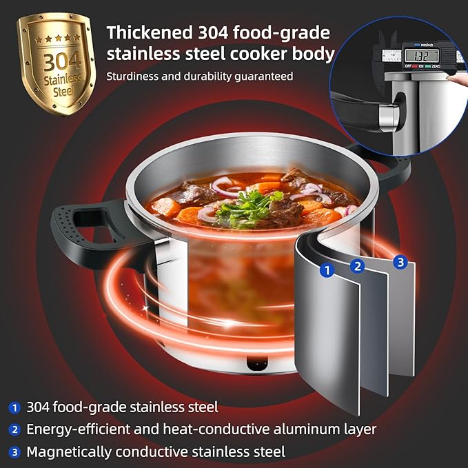 304 Stainless Steel Pressure Cooker 4 QT (4.22 Quart) - Explosion-Proof Safety Lock, One Hand Operation, Fast Cooking, Dishwasher Safe & Induction Compatible Cookware, PETERBOO
