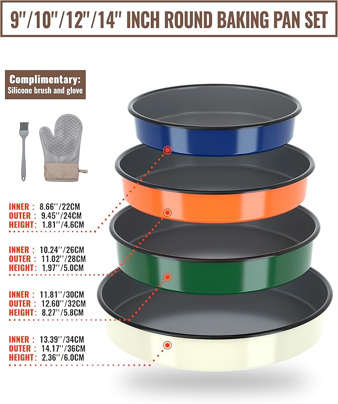 Round Baking Pan Set Roasting Dish 4-Pack 9/10/12/14 Inch Enamel Non Stick Large Cookware for Cake Bread Pie Pizza Turkey Steak, Non-Toxic Oven Dishwasher Safe, Christmas Gift Bakeware