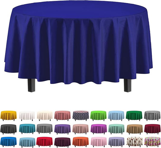 Party Solids Pack Of 6 Premium Plastic Tablecloth 84 Inch Round Plastic Table Cover - Navy