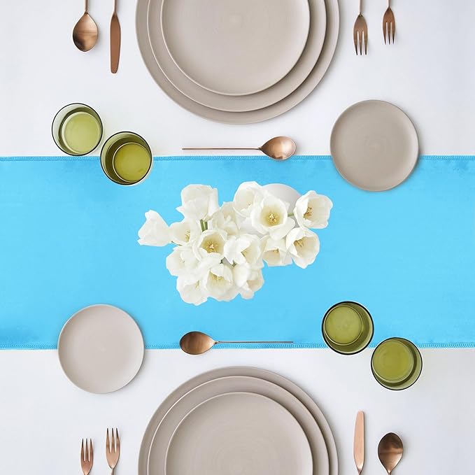 Yblut 10 Pack Satin Table Runner 12 x 108 Inch Long Blue Silk Table Runner for Wedding Party Banquet Birthday Decoration