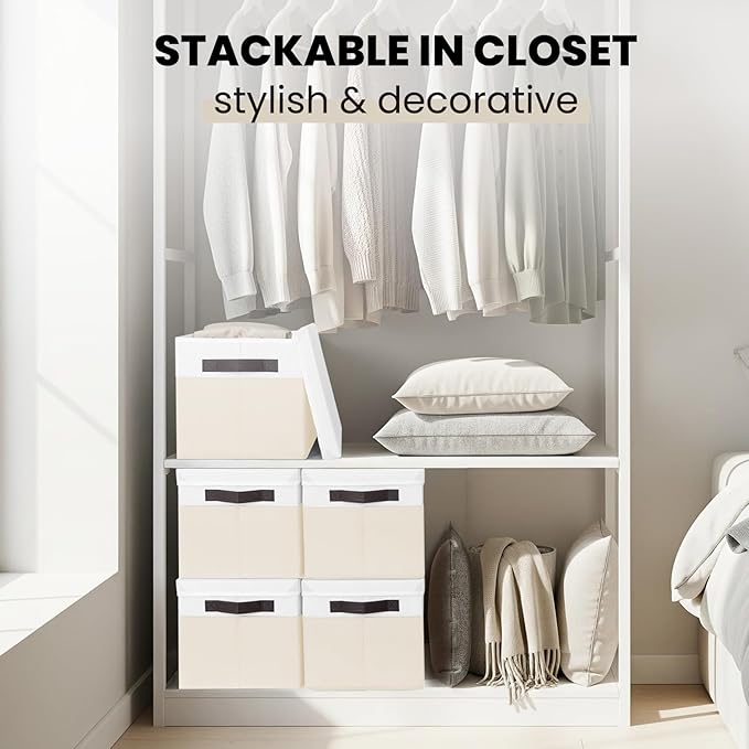 Large Nursery Closet Organizer Bins with Lids 4 Pack - 23 QT Decorative Storage Baskets for Living Room Bedroom Shelf - Stackable Storage Boxes with Lids Handles for Clothes Sweater Book Towel Purse