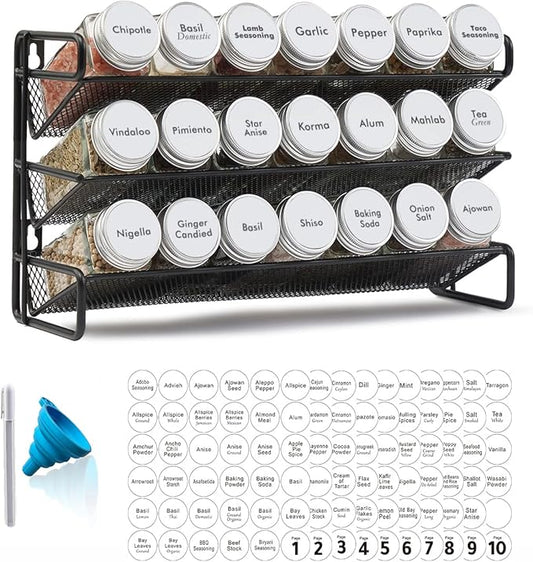 SpaceAid Spice Rack Organizer with 21 Spice Jars, 386 Spice Labels, Chalk Marker and Funnel Set for Cabinet, Countertop, Pantry, Cupboard or Door & Wall Mount - 21 Jars, 13.4" W 횞 9" H, White