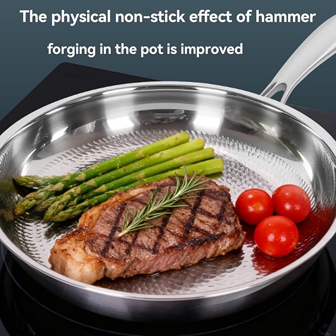 Titanium Hammered Pan, Durable Scratch-Resistant Titanium Frying Pans for Cooking, No-Coating Nonstick Skillet, Even Heating for Cooking, Nutritious Pan for Cooking,with lid,9.44in