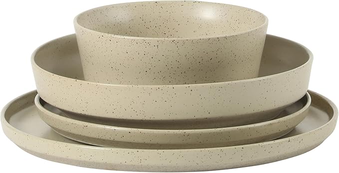 Gibson Elite Overbrook 16-Piece Pottery Clay Stoneware Dinnerware Set ??White Reactive Glaze, Stackable Plates and Bowls w/Pasta Bowl, Service for 4 ??Microwave & Dishwasher Safe