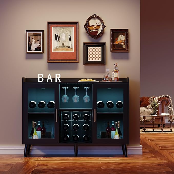 Wine Bar Cabinet with LED Lights, 47 Inch Freestanding Sideboard Buffet with Wine Rack & Glass Holder, Multi-Functional Storage Cabinet for Dining Room Living Room Kitchen, Black
