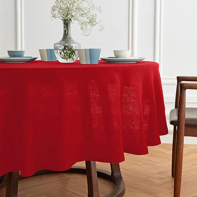 Solino Home Linen 60 Inch Round Tablecloth - 100% Pure Linen Red Round Tablecloth - Machine Washable Table Cloth for Valentines - Sonoma