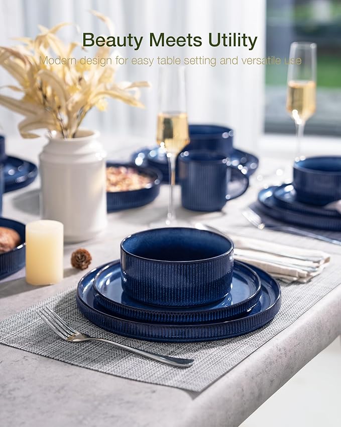 famiware Star Dinnerware Sets, Plates and Bowls Set for 4, 12 Pieces Ribbed Dishes - Chip and Scratch Resistant, Microwave and Dishwasher Safe Tableware, Nebulas Blue