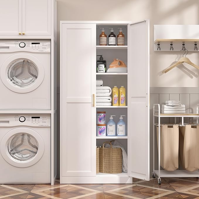 Kitchen Pantry Cabinet,71?쓂hite Metal Pantry Storage Cabinet with Doors and 4 Adjustable Shelves,Kitchen Cabinet with 2 Gold Handles,Tall Cabinet for Livingroom,Pantry, Bathroom,Kitchen