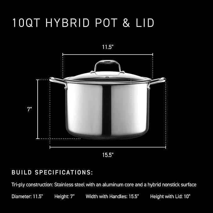 HexClad Hybrid Nonstick 10-Quart Stockpot with Tempered Glass Lid, Stay-Cool Handles, Dishwasher-Friendly, Oven-Safe Up to 900째F, Induction Ready, Compatible with All Cooktops