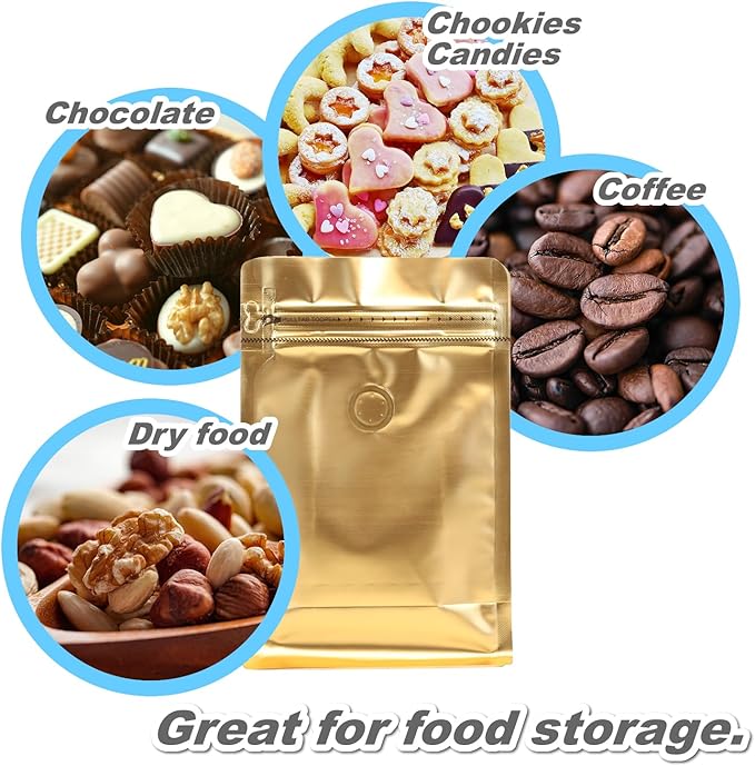 150 Pack High Barrier Stand-Up Coffee Bean Bags with Vented Valve, Matte Metallic Ziplock, Heat-Sealable and Resealable Solid Color Pouches for Food Storage, Home and Store