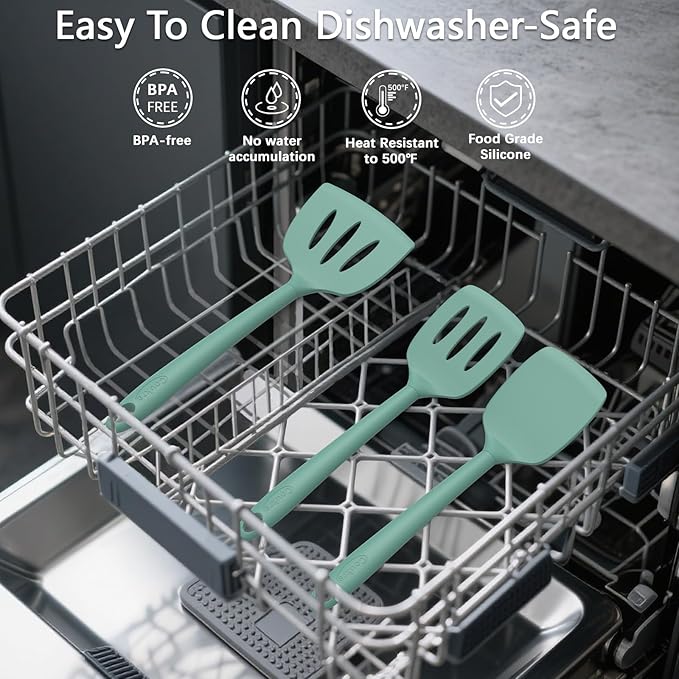 Coukre Silicone Kitchen Cooking Utensils Set with Holder ??Heat-Resistant, Food-Grade Kitchen Tools, Spatula, Spoon & Gadgets for Non-Stick Pans, Dishwasher Safe (14, PureAquaGreen)