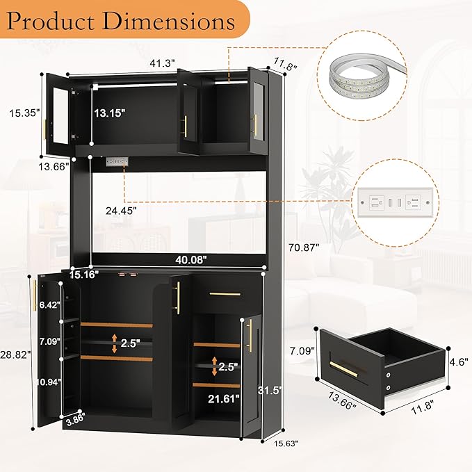 Tall Kitchen Pantry Cabinet with Hutch: Food Pantry Storage Cabinet with Drawers, Black Kitchen Cupboard Cabinets Free Standing, Buffet Hutch Cabinets with Doors and Shelves (Black)