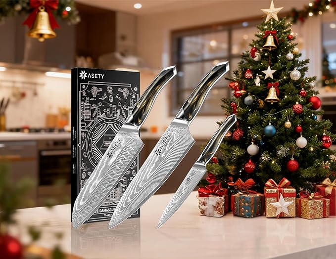 Damascus Knife Set 3 PCS: Ultra-Sharp Professional Chef Knife Set, Japanese Kitchen Knives with VG10 Steel Core, Full Tang Resin Handle, Christmas Elegant Box