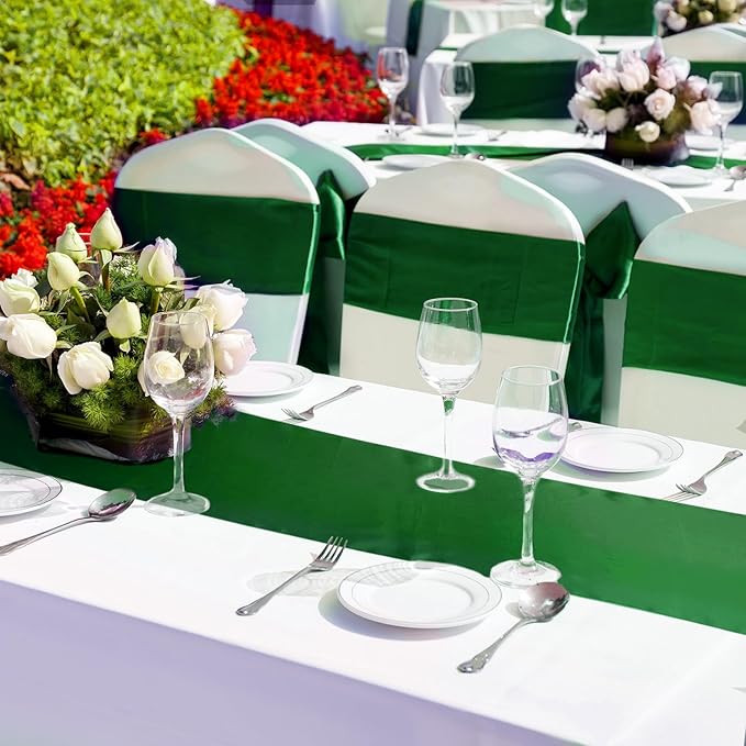 Bencailor 24 Pcs Dark Green Satin Table Runner Bulk 12 x 108 Inches Long Table Runners Bright Smooth Fabric Tablecloth for Wedding Banquet Birthday Valentines St Patrick's Day Party Decorations