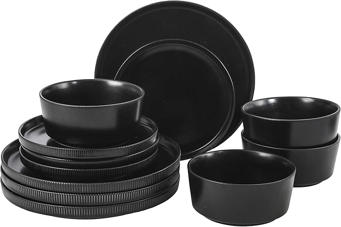 Gibson Home Dempsey Road 12-Piece Stoneware Dinnerware Set ??Service for 4, Round Black Plates and Bowls, Durable Solid Color Modern Embossed Dish Set, Microwave & Dishwasher Safe