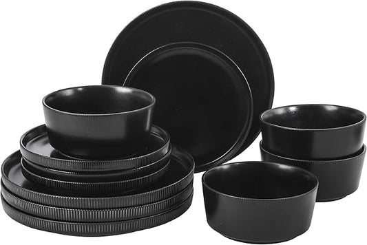 Gibson Home Dempsey Road 12-Piece Stoneware Dinnerware Set ??Service for 4, Round Black Plates and Bowls, Durable Solid Color Modern Embossed Dish Set, Microwave & Dishwasher Safe
