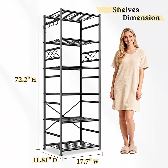 Storage Shelves-6 Tier Metal Shelving Unit with Hooks,Heavy Duty Garage Shelving with Leveling Feet,High Standing Shelf Organizer for Kitchen Pantry Bathroom Dorm,17.7?쓂횞11.8?쒭 횞72.2?쒱,Black