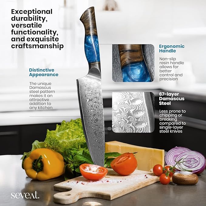 Damascus Kitchen Knife Set, 67-Layer Damascus Steel, 3-Piece Professional Set: 13??Chef, 12.3??Santoku & 9.8??Utility Knife, Ergonomic Wood & Resin Handle, Ideal for Gifting (Blue, 3 pieces)