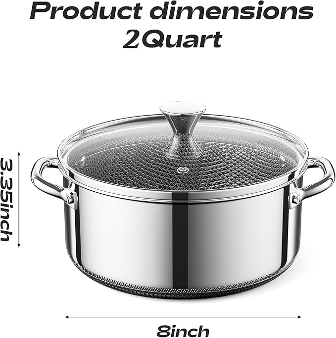 Hybrid Nonstick 2-Quart Stockpot,8 Inch Stainless Steel Stockpot with Glass Lid,PFAS PFOA PTFE Free, Dishwasher-Friendly, Oven-Safe Up to 600째F,Non-stick Soup Pot Compatible with All Cooktops