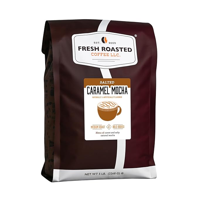 Fresh Roasted Coffee, Salted Caramel Mocha Flavored Coffee,5 lb, Medium Roast, Kosher, Ground