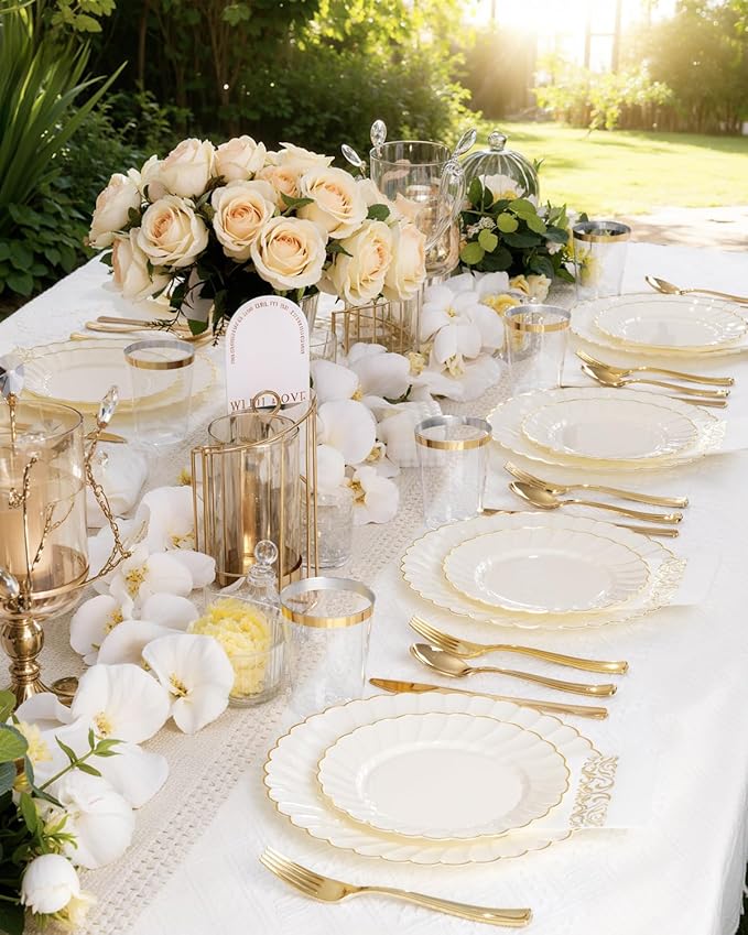 YOUBET 100PCS Ivory Scalloped Plastic Plates - Heavy Duty Gold Disposable Fancy Hard Plates Include 50 Dinner Plate, 50 Dessert Plate, for Wedding & Party Valentines Day