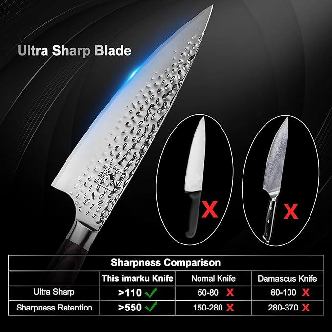 imarku Damascus Chef Knife, 8 Inch Kitchen Knife Ultra Sharp Cooking Knife HC German Stainless Steel Japanese Knife for Kitchen, Hand-Hammered Design, Ergonomic Handle, Christmas Gifts for Men Women