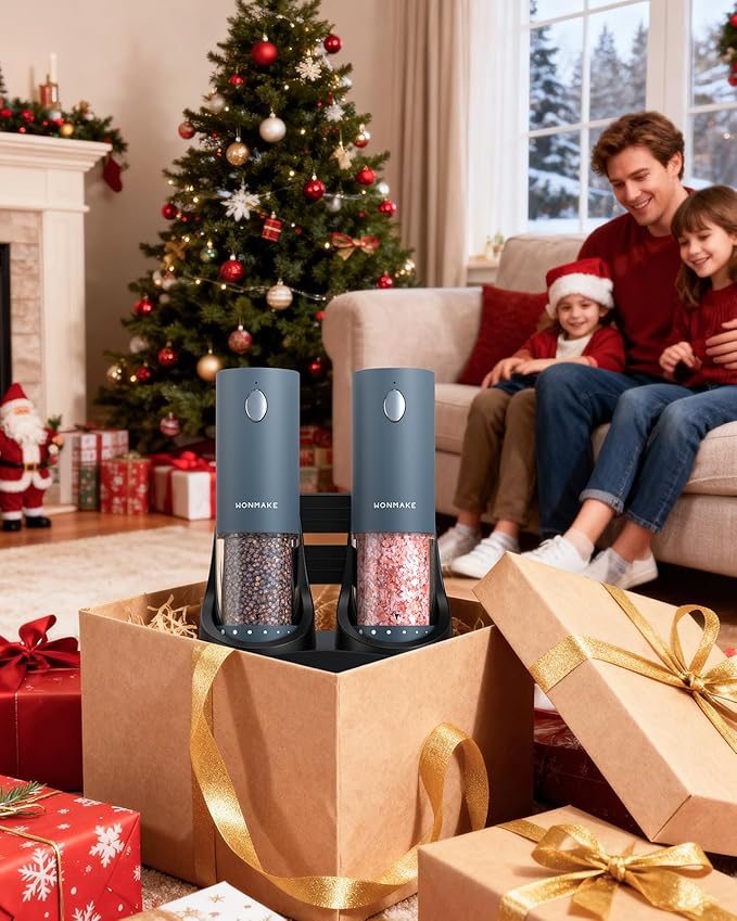 Electric Salt and Pepper Grinder Set - Automatic Refillable Salt and Pepper Grinders with Charging Base & LED Light, 6-Level Adjustable Coarseness with External Dial, Ideal Kitchen Gadget竊똁lue