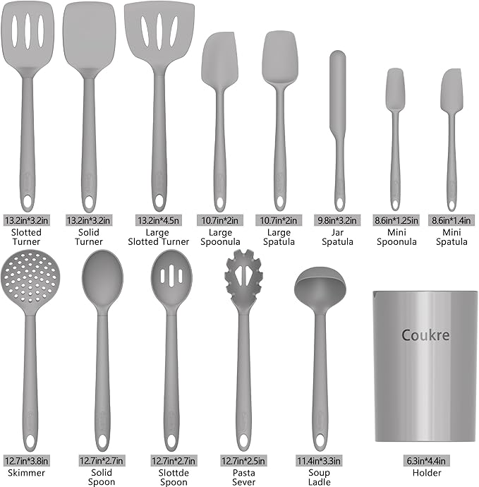 Coukre Silicone Kitchen Cooking Utensils Set with Holder ??Heat-Resistant, Food-Grade Kitchen Tools, Spatula, Spoon & Gadgets for Non-Stick Pans, Dishwasher Safe (14, PureGray)