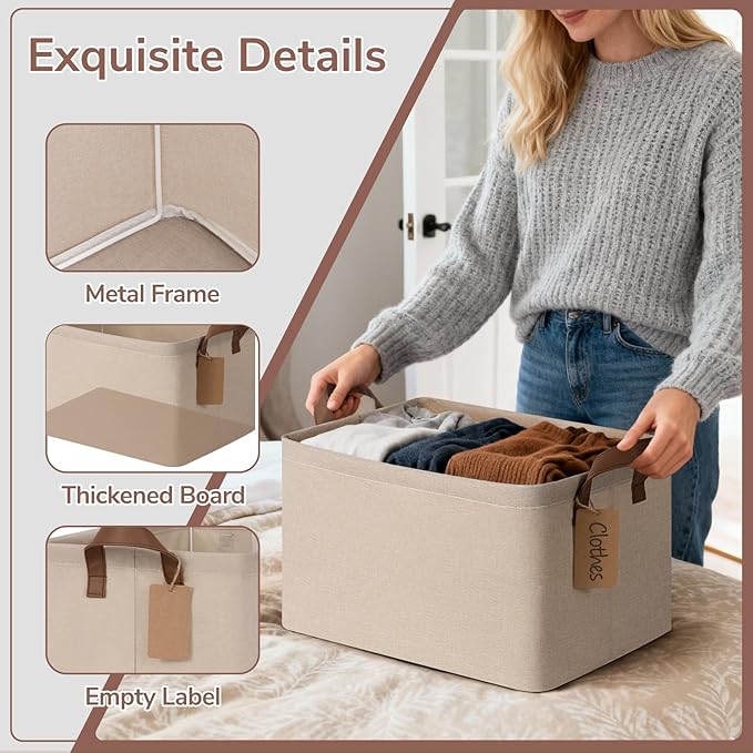 CHICVITA 4 Pack Large Storage Baskets for Shelves, Collapsible Towels Organizer Bins with Metal Frame, Closet Organizers and Storage Basket for Toys, Blankets, 16.8" x 11" x 9.8", Brown