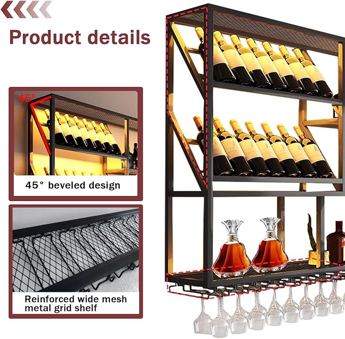 59.1in Wine Mounted Wine Rack, 3-Tier Metal Bar Shelves with Cups Hanging Holder, Large Modern Decorative Display Liquor Shelf, for Bar Dining Room Cafe (59.1" W)