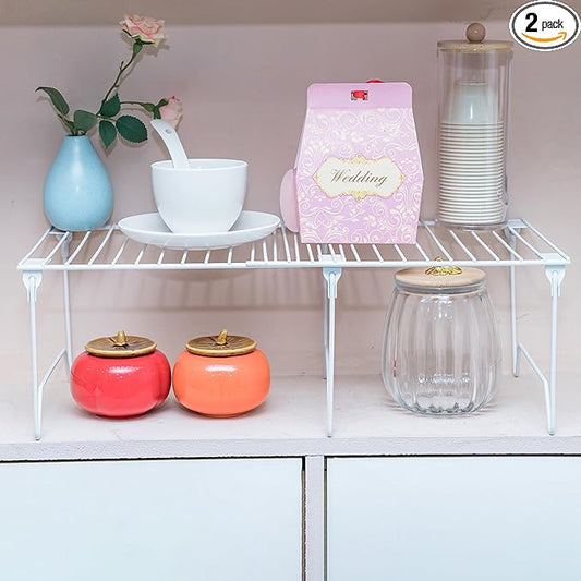 1/2-Piece Set Cabinet Organizer Shelf,Kitchen Counter Shelf,Foldable Pantry Shelf,Plate, Dish,Rustproof Metal Storage Organizer (2, White)