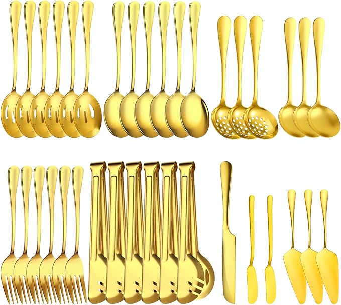 36-Piece Stainless Steel Serving Utensil Set ??Complete Buffet Essentials with Spoons, Forks, Tongs, Ladle & More. Perfect for Wedding, Holiday, Catering, and Family Gatherings(Gold)