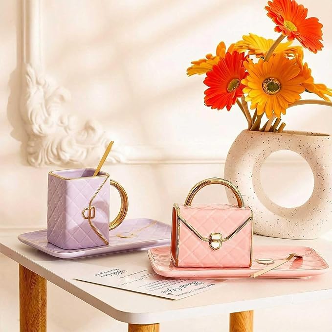 Zubebe 2 Set Coffee Mug Elegant Handbag Shaped Cup Valentine's Day Modern Ceramic Purse Mug with Spoon and Saucer, 10oz Cute Creative Tea Cup for Woman Girls Gift (Pink,Purple)