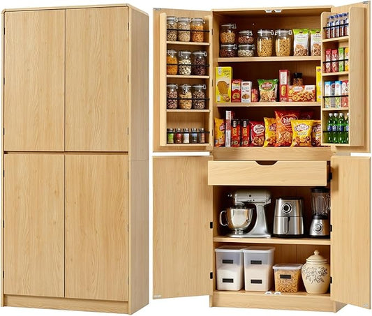 72" Farmhouse Tall Kitchen Pantry Cabinet, Wood Storage Cabinets with Hidden Drawer and 3 Adjustable Shelves, Cupboard with Door Shelves for Kitchen, Dining and Bathroom, Natural Wood