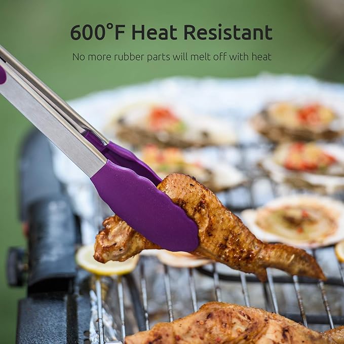 U-Taste Kitchen Tongs, 7/9/12 inches Cooking Tongs, with 600쨘F High Heat-Resistant Non-Stick Silicone Tips, 18/8 Stainless Steel Handle, for Food Grill, Salad, BBQ, Frying, Serving, Pack of 3(Purple)