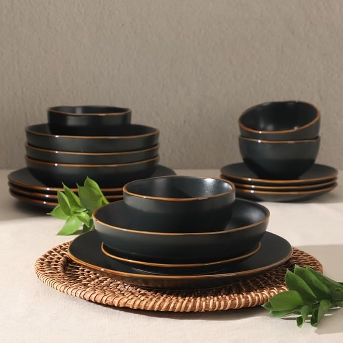 Gibson Home Hazeltine 16-Piece Black Stoneware Dinnerware Set ??Plates and Bowls, Durable Ceramic Kitchen Dinner Set