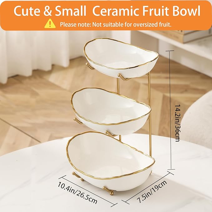 Ceramic Fruit Bowl for Kitchen Counter - 3 Tier Fruit Basket with Metal Stand, Tiered Fruit Stand for Countertop, Snack, Nuts, Cake, Dessert, Cute (Gold-rimmed, Small)