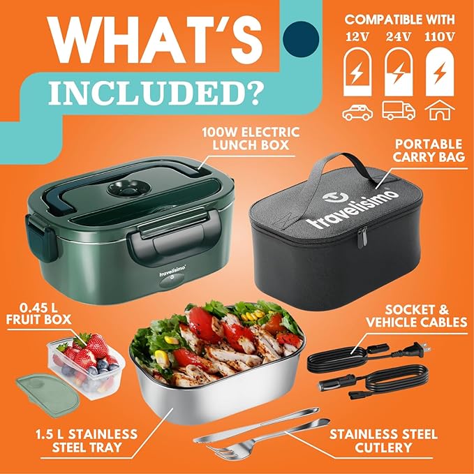 TRAVELISIMO Electric Lunch Box for Adults 100W Heated Lunch Box For Men 1.5L Stainless Steel Portable Food Warmer, 12/24/110V Electric Food Warmers for Travel & Work Loncheras Para Hombres de Trabajo