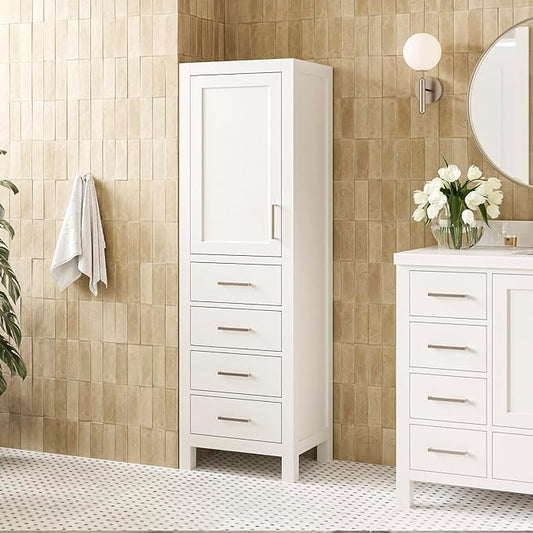 ARIEL Cambridge Bathroom Storage Cabinet - Solid Hevea Wood and Fully Assembled for Long-Lasting Durability and Sophisticated Finish, Freestanding Linen Bathroom Cabinet - 65?쒱 x 20?쓂 x 16?쒭, White