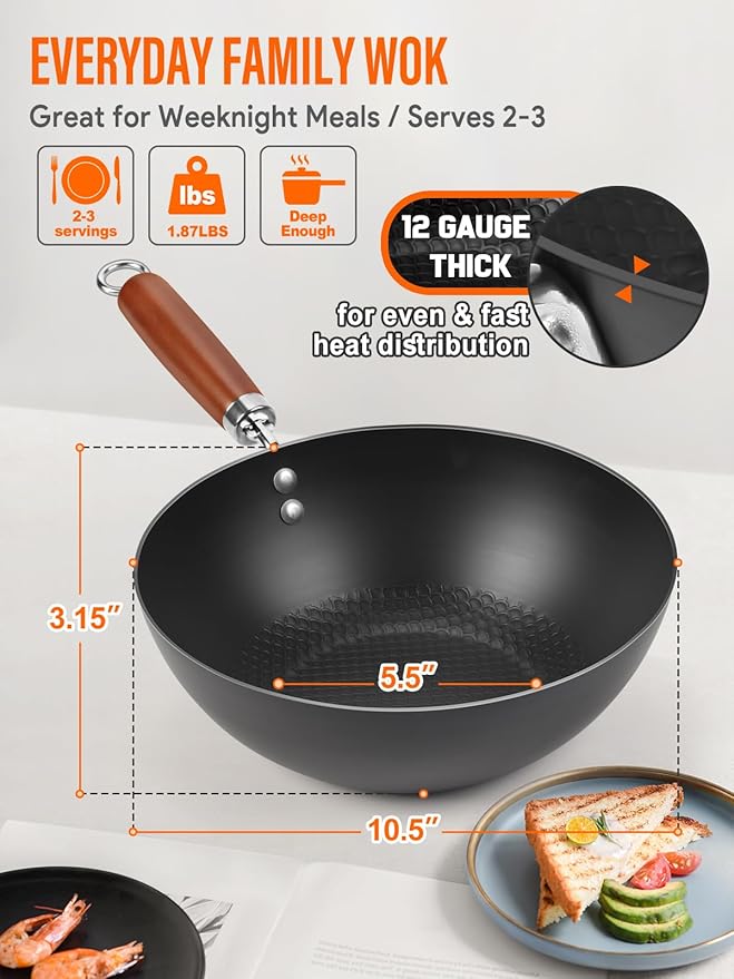 10.5-Inch Carbon Steel Wok ??Lightweight Flat-Bottom Stir-Fry Pan for 2?? Servings, Authentic Chinese Cooking, 2-Piece Set