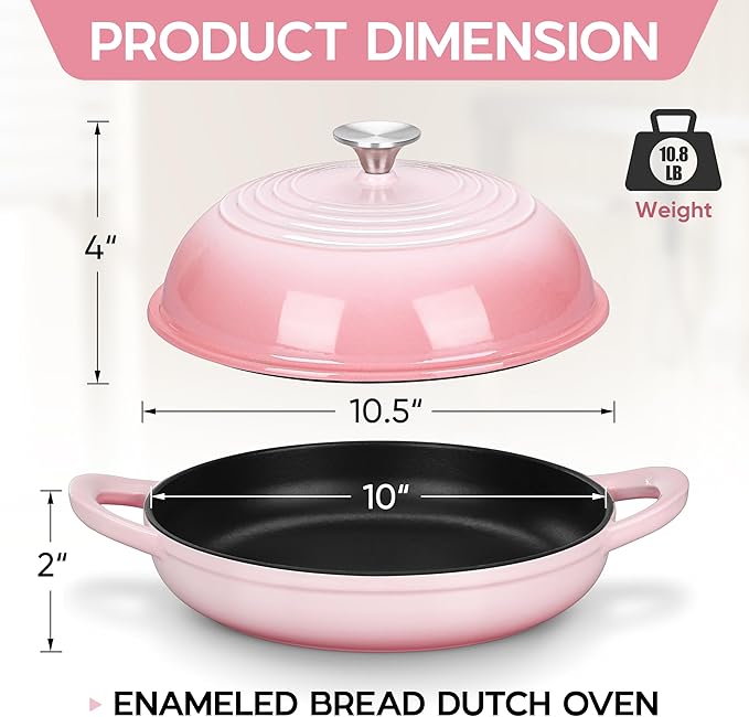 E-far Dutch Oven for Sourdough Bread Baking, 6 Qt Round Enameled Cast Iron Dutch Oven for Homemade Artisan Bread, Dome Lid & Shallow Base, Matte Black Interior & Durable, Oven-Safe to 500?? Pink