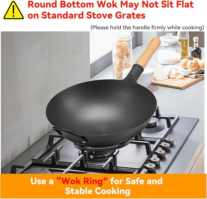 WANGYUANJI 14.2 Inch Round-Bottom Iron Wok, Deep Chinese Stir-Fry Pan (Seasoning Required), Wok Ring Required, Not Flat-Top/Induction ??No Lid, No Ring,Wooden Handle, Coating-Free