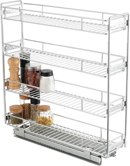 OCG 4-Tier Pull Out Kitchen Cabinet Spice Rack Holder Shelves (8" W x 21" D), Slide Out Slim Storage Wire Baskets for Storage Organization, Narrow Slide Out Storage for Narrow Space