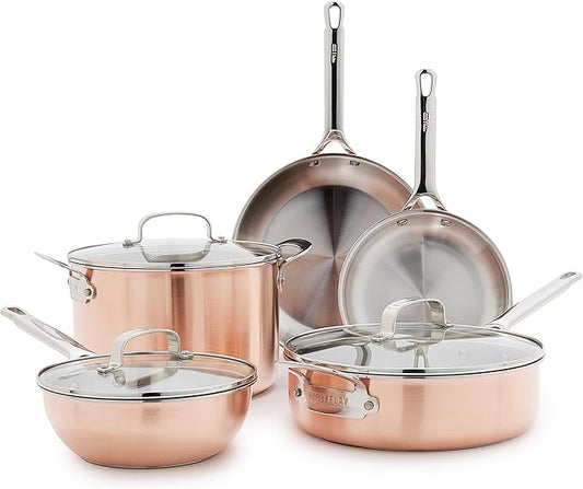 GreenPan x Bobby Flay 8 Piece Copper Clad Pots & Pans, Induction Ready Cookware, Measurement Markings, Stainless Steel Base & Interior, Oven Safe to 500?F