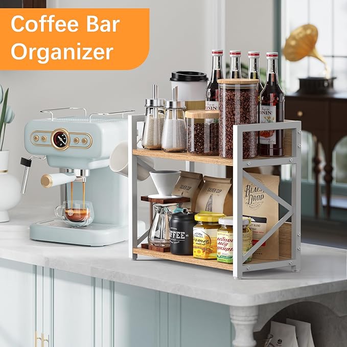 Spice-Rack-Organizer-Shelf for Kitchen Counter, 2 Tiers Coffee Bar Station Organizer for Countertop竊똕pace Saving Desk Shelving Riser Unit (Maple, Medium)