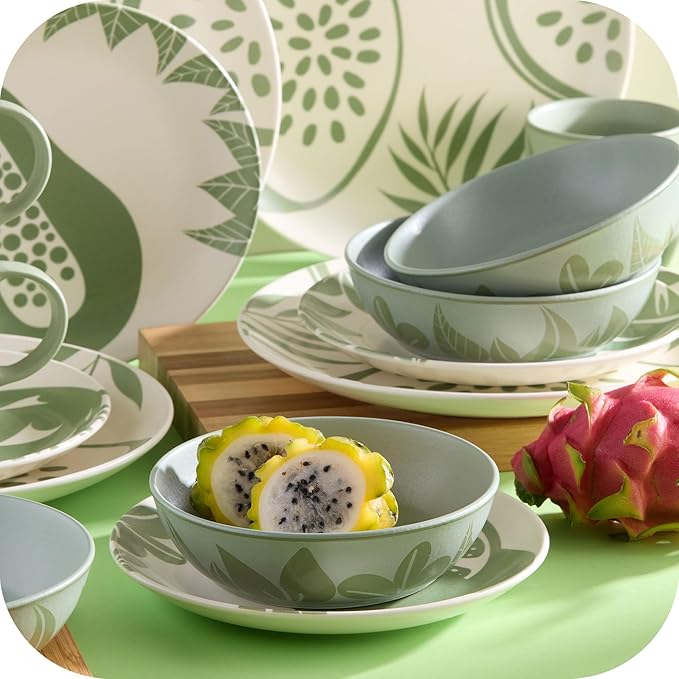 Corona 16?뱎iece Green Tropical Fruit Design Ceramic Dinnerware Sets | Plates, Bowls and Mugs | Service For 4 | Frutto